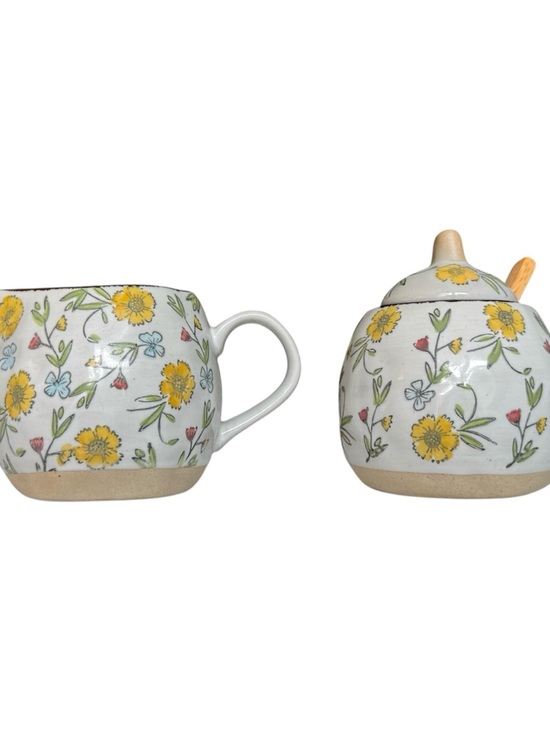 Other - Wildflower Ceramic Sugar Bowl and Creamer Set — Yellow & Green Flower Pattern